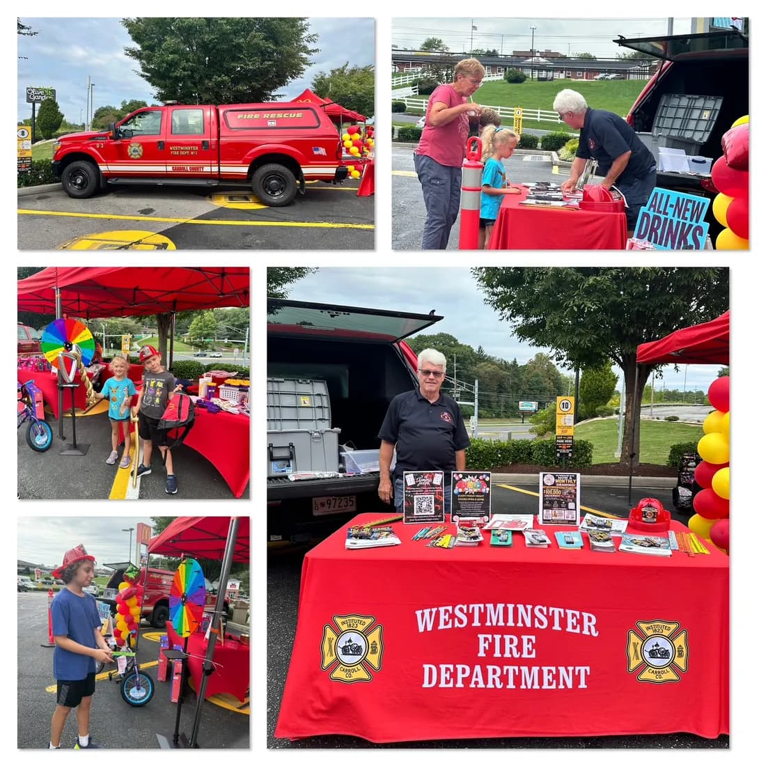 The Westminster Fire Department truck and information table, with kids trying on fire helmets