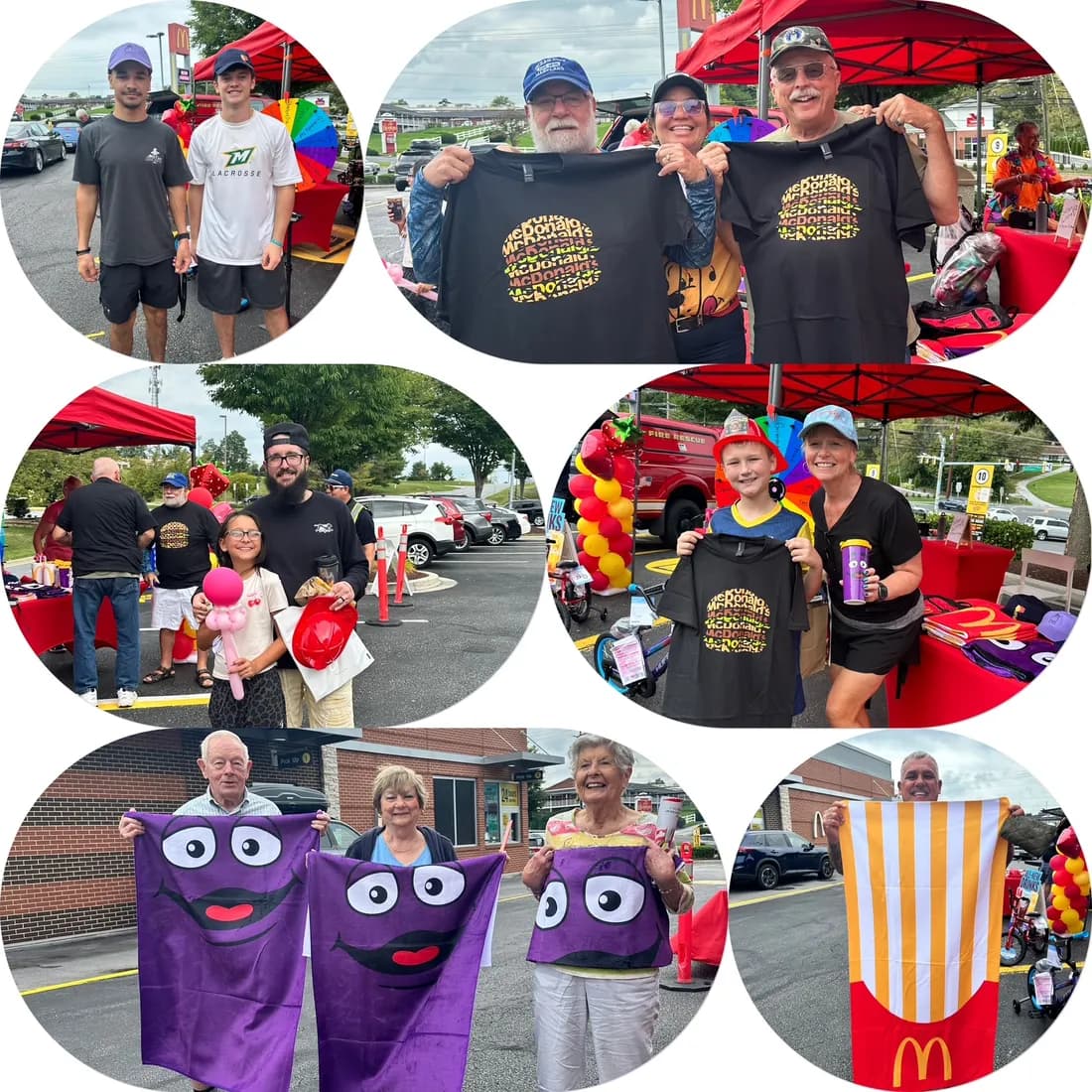 Guests holding up McDonald's t-shirts and character towels won at the Community Day